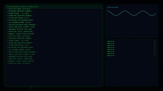 A futuristic digital interface displays data streams and graphs in a sleek, dark-themed layout