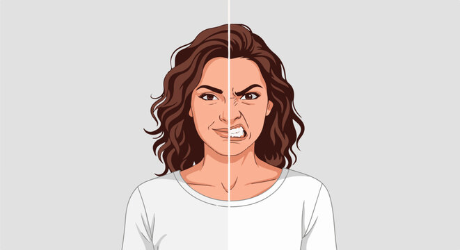 Split face displays contrasting emotions one side smiling, the other grimacing