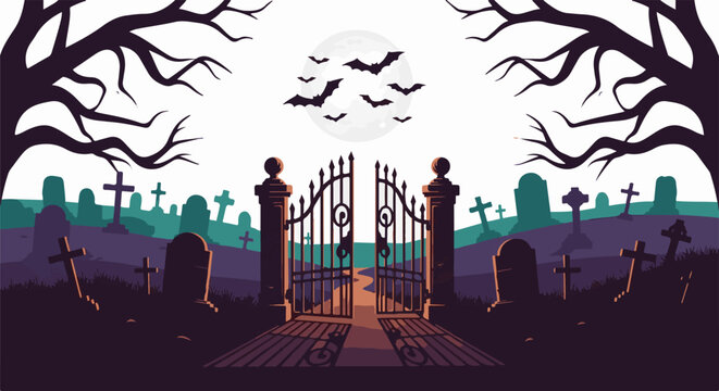 Spooky graveyard scene with open gates, full moon, and bats under bare trees