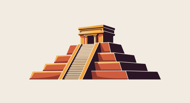 Stylized ancient tiered temple with steps leading to a small structure
