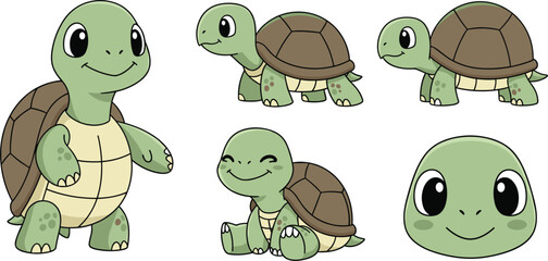 Obraz premium Cartoon Turtle Characters in Various Poses and Expressions for Animal, Nature, and Cute Design Projects