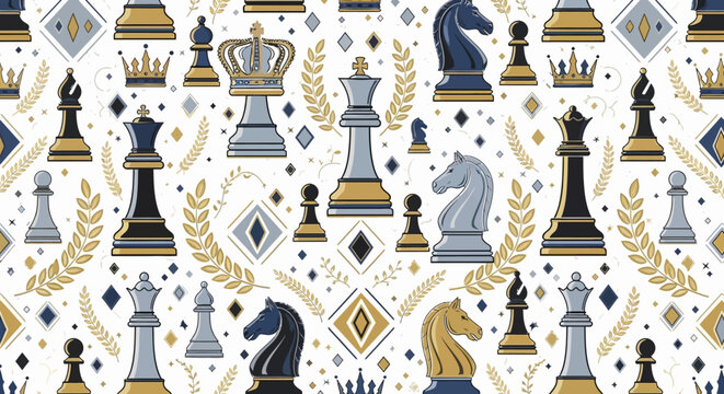 Elegant chess pattern with floral and royal elements in seamless design
