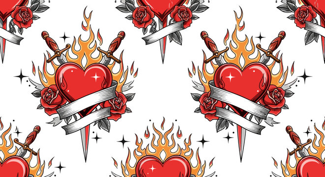 Vintage tattoo heart with dagger and flames seamless pattern