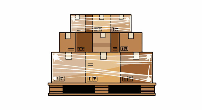 Stack of cardboard boxes secured with clear plastic wrap on a wooden pallet