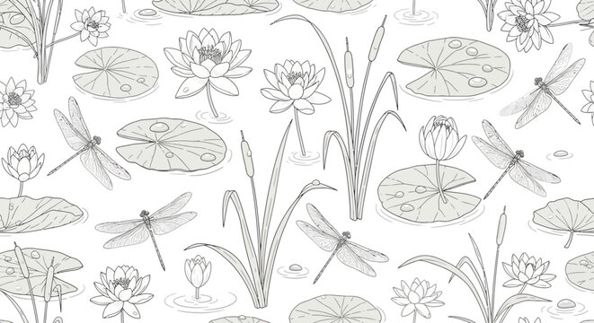 Elegant nature pattern with dragonflies and lotus illustrations
