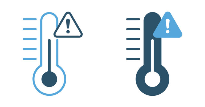 Temperature warning icon vector illustration set, thermometer with alert symbol indicating high temperature, overheating, and climate warning concept
