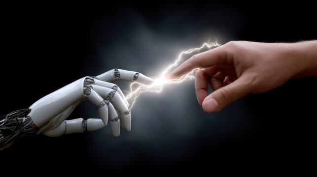Robot hand and human hand almost touching, with glowing energy connection AI & humanity 