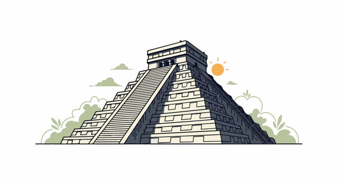 Stylized illustration of a grand pyramid under a bright sun with clouds and lush foliage