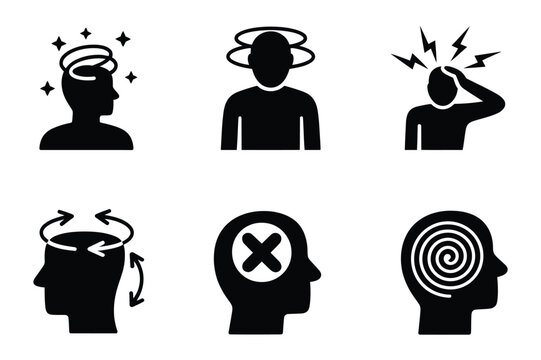 Health symptom icon collection in black silhouette style, representing dizziness, head pain, and mental fatigue