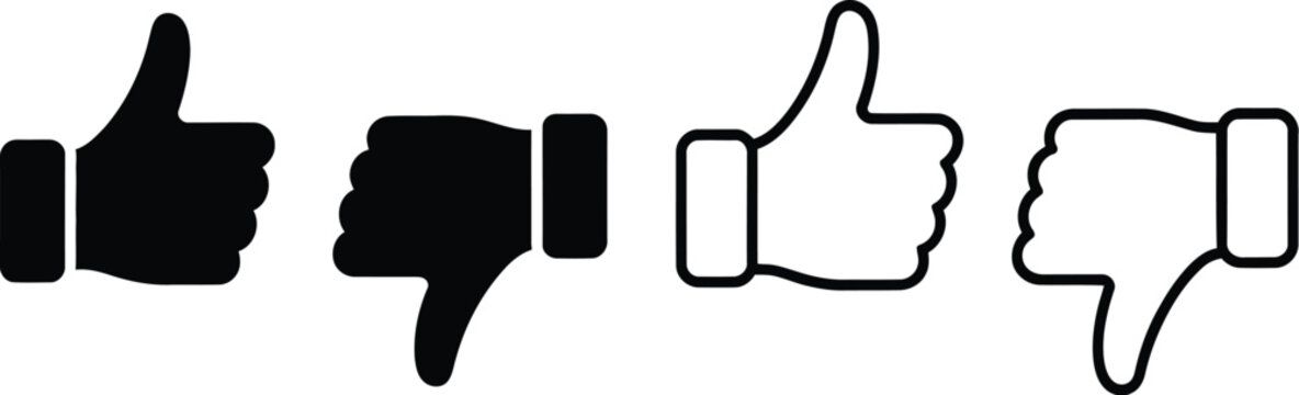 Thumb, up and thumb down icon set featuring like and dislike symbols in clean vector style ideal for user interface design, feedback systems, and social media interaction elements.