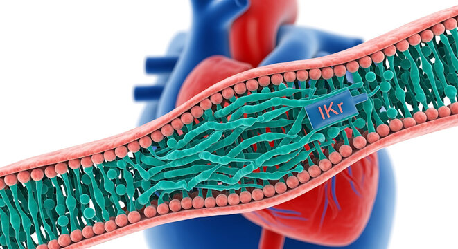 A detailed illustration of a cell membrane with a heart in the background
