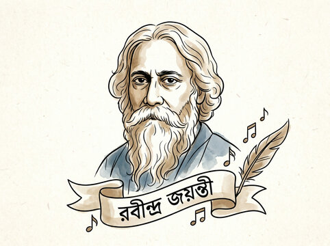 Soft colored Rabindra Jayanti greeting poster illustration, featuring a serene portrait of Rabindranath Tagore, perfect for cultural celebration event templates.