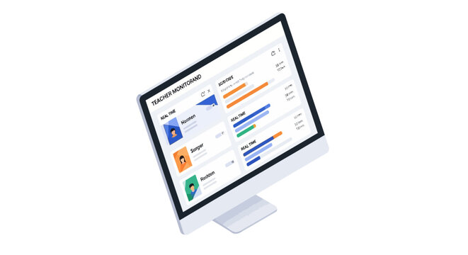 Teacher Monitoring Dashboard on Desktop Monitor. Isometric Illustration of Online Learning Management System (LMS) Interface for Remote Education and Classroom Analytics.