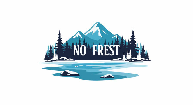 Snowy mountains, pine trees, and frozen lake with "NO FREST" text