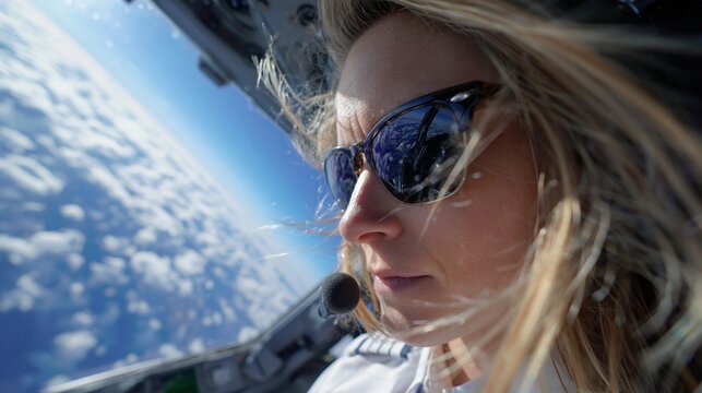 Nahaufnahme einer Pilotin mit Sonnenbrille im Cockpit eines Flugzeugs, mit Blick auf den Horizont &uuml;ber den Wolken
