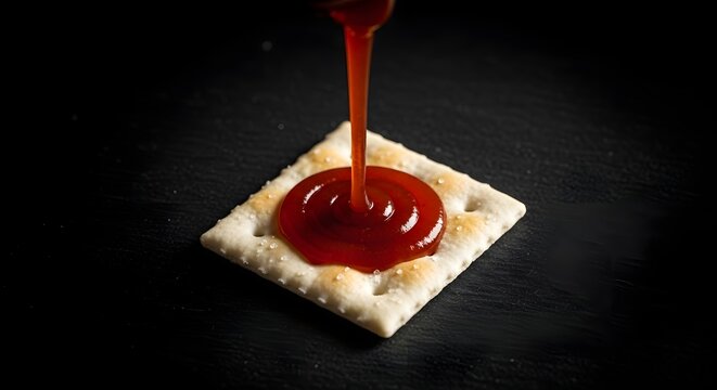 Red sauce being poured onto a square cracker with salt crystals, dark background.