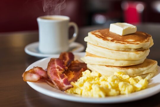 Breakfast With Pancakes, Bacon, Egg, and Coffee at a Diner Table