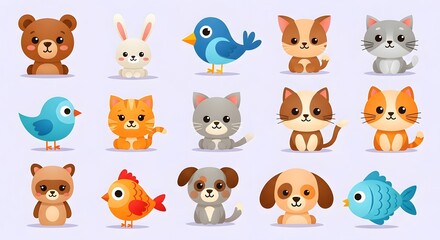 Fototapeta premium Collection of Adorable Cartoon Animals in Various Poses.