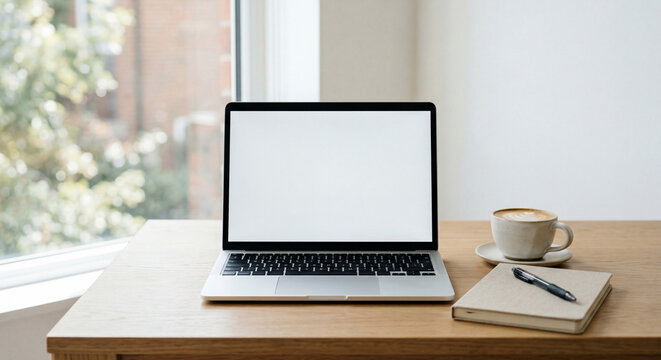 Laptop and coffee cup on a wooden table, near the window in the room