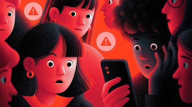 Illustration von Jugendlichen mit erschrockenen Gesichtern, die auf ein Smartphone mit Warnsymbol starren, in rotem Licht