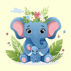 cute elephant family in floral garden for tropical wildlife theme and adorable animal character for nursery wall art and decorative stickers for kids © firstcolor