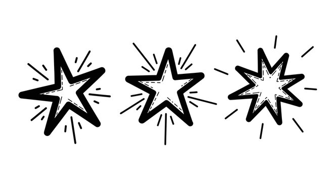 Hand-drawn starburst trio with explosive radiance on white background