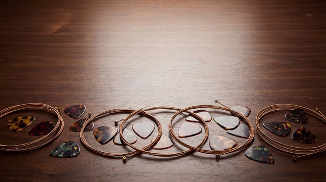 Guitar strings and picks arranged on a dark rustic wooden surface