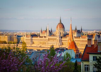 Obraz premium Hungarian Parliament Building, Parliament of Budapest. Aerial drone view of Budapest architecture, stunning historic building. Sunset and golden hour