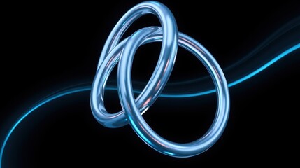 Fototapeta premium Silver rings interlock, creating abstract form. Blue light streaks across dark background. Minimalist design, sleek presentation.