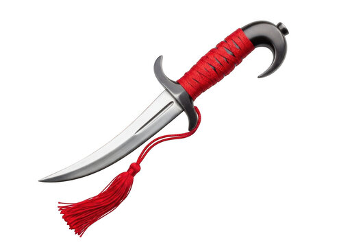 A red and silver curved dagger with a red tassel handle isolated on transparent background