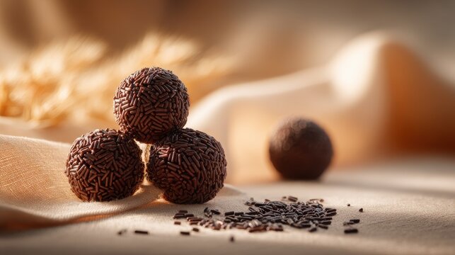 Delicious chocolate brigadeiros covered in sprinkles, traditional Brazilian sweet treat. Homemade chocolate brigadeiros, popular Brazilian dessert, artfully with scattered sprinkles