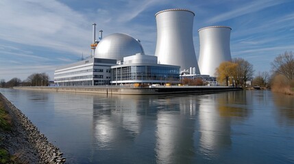 Obraz premium Modernes Forschungsgebäude mit einer großen Kuppel und einem Kühlturm vor blauem Himmel