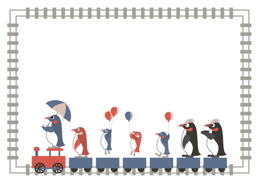 ペンギン■列車に乗るペンギン家族と線路のフレーム