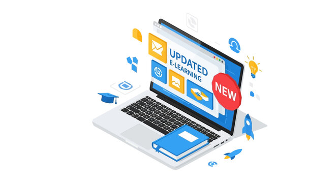 Isometric 3D Laptop with Updated E-learning Platform Interface and Educational Icons on White Background