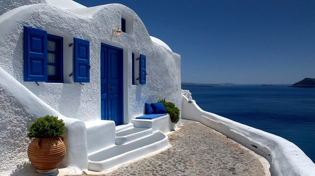 Typisch kykladisches blaues und wei&szlig;es Haus mit Treppen und Steinboden in Santorini