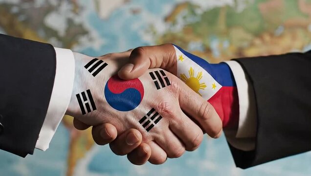 Business handshake between south korea and philippines on world map.