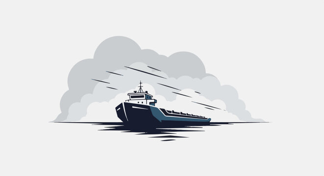 Stylized cargo ship navigates stormy seas under dramatic clouds