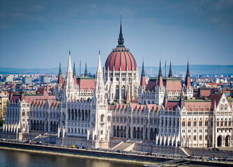 Obraz premium Hungarian Parliament Building, Parliament of Budapest. Aerial drone view of Budapest architecture, stunning historic building from above.