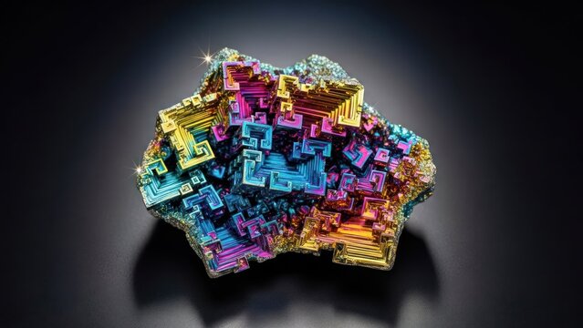 Iridescent geometric crystal formation with a spectrum of vivid colors against a dark backdrop