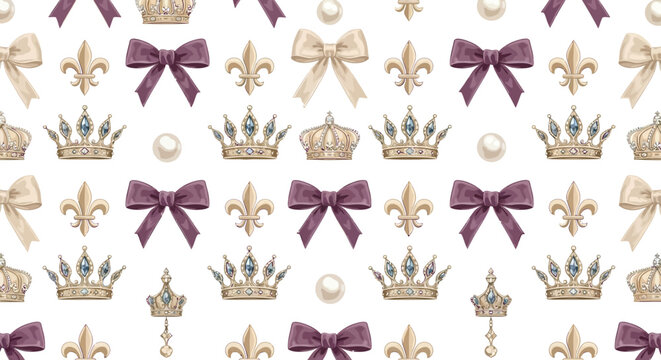 Elegant pattern with crowns, fleur-de-lis, bows, and pearls on white background