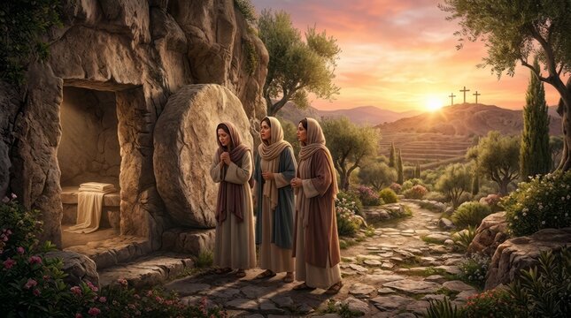 Resurrection of Jesus Christ in a garden tomb. 
Christian women looking toward an empty tomb with a large stone rolled away, symbolizing the resurrection of Jesus Christ