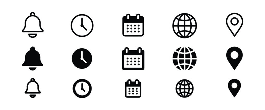 Time, date, location, and web icon vector set for digital interface, navigation system, and modern application design elements