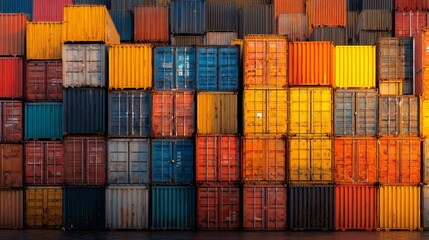 Fototapeta premium Wall of colorful shipping containers stacked high in a logistics port by ocean waves.