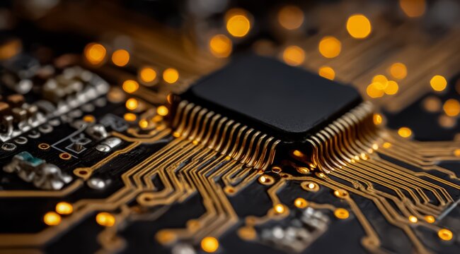 Close up of a computer chip with a black and gold color scheme. The chip is a microprocessor
