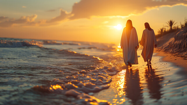 Jesus, dressed in flowing white and light blue robes, walks barefoot across the soft golden sand at the edge of gentle ocean waves, with one devoted disciple at his side.