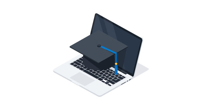 Isometric Laptop and Graduation Cap Illustration for E-learning and Online Education Concept