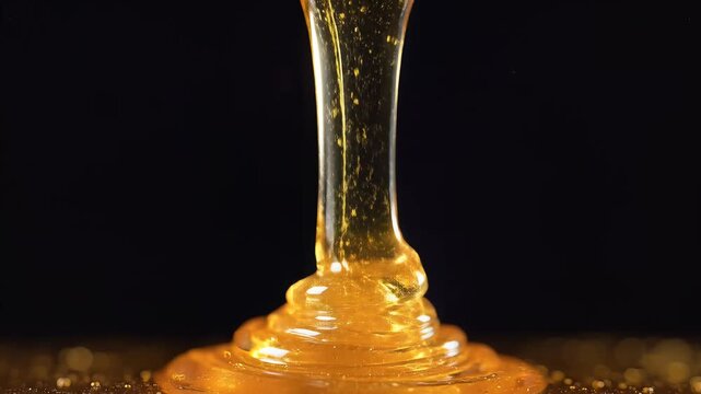 Golden Honey Dripping Slowly in Macro Shot.