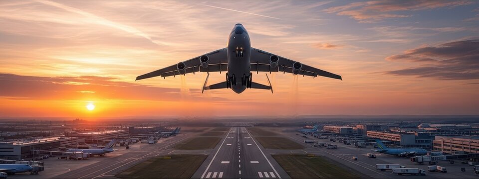 Large cargo airplane takes off from the runway during a vibrant sunset.