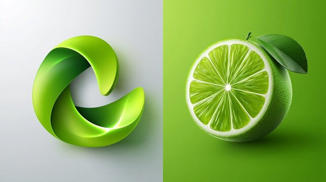 Kreatives zweigeteiltes Bild mit einem gr&uuml;nen 3D-Recyclingsymbol und einer realistischen Limettenscheibe