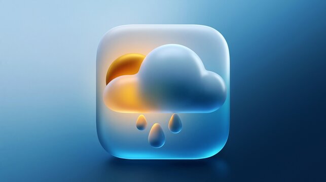 Gl&auml;nzendes App-Symbol mit Sonne und Regenwolke f&uuml;r eine Wetter-Anwendung auf hellblauem Hintergrund